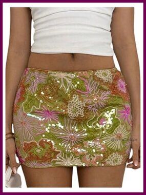 Sequin Floral Embroidered Bodycon Mini Skirt Low Rise Sparkly Clubwear